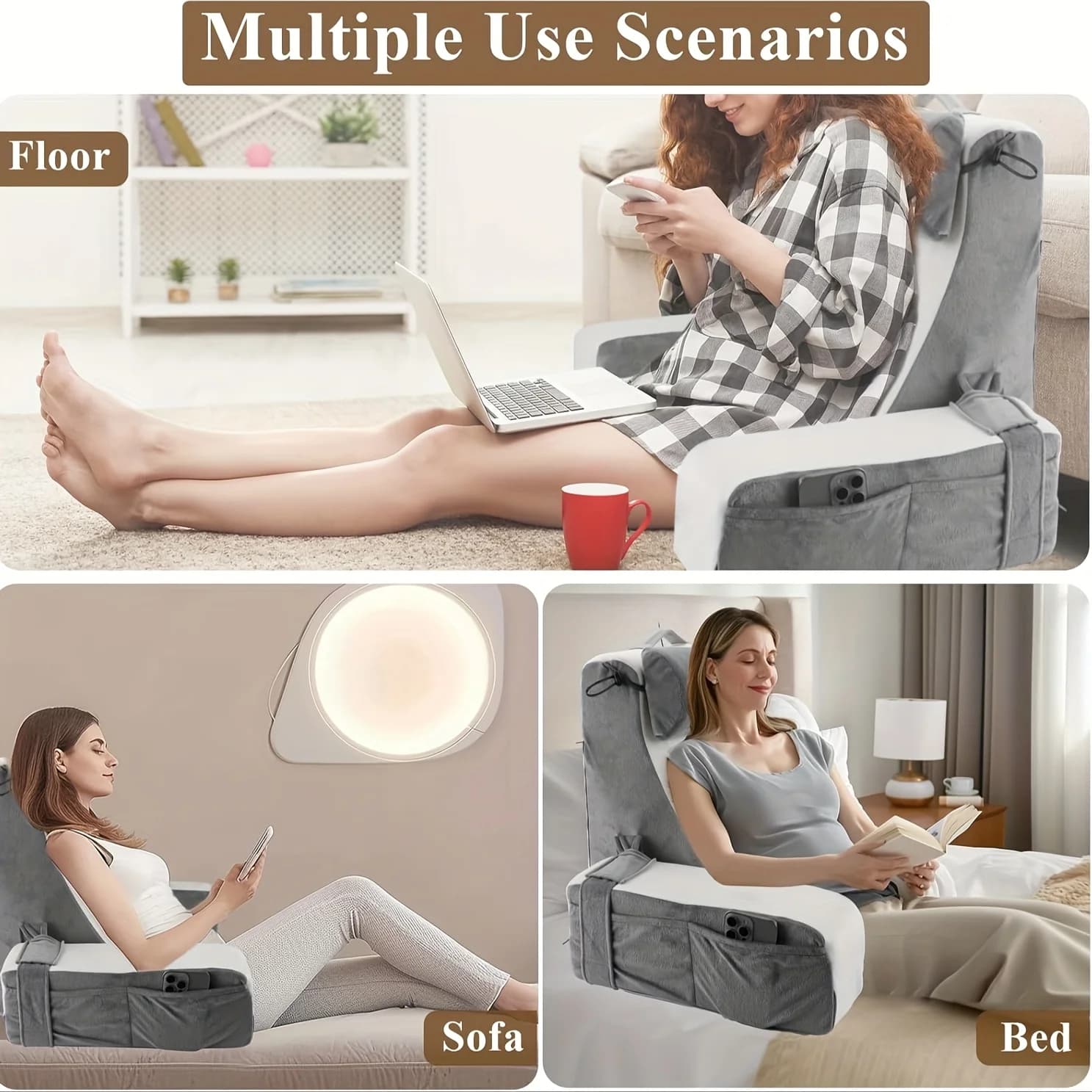 Reading Pillow — floor, sofa, and bed usage scenarios