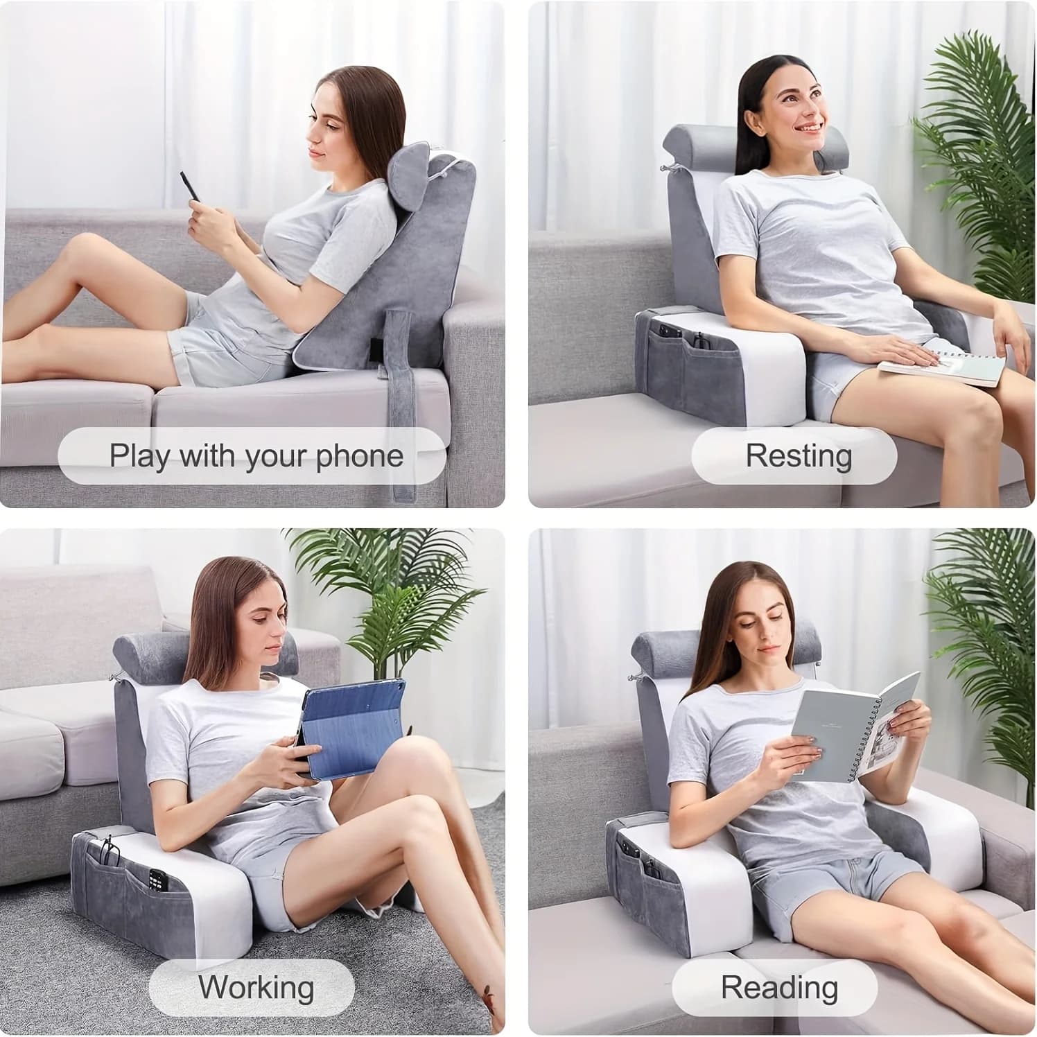 Reading Pillow — four lifestyle scenes showing phone, resting, working, reading